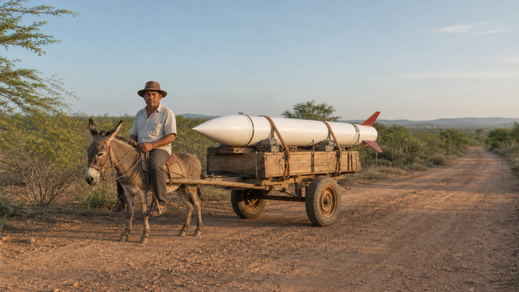 Senhor montado no burro e olhando para a câmera enquanto o animal puxa uma carroça antiga com um foguete espacial branco e vermelho preso horizontalmente.
