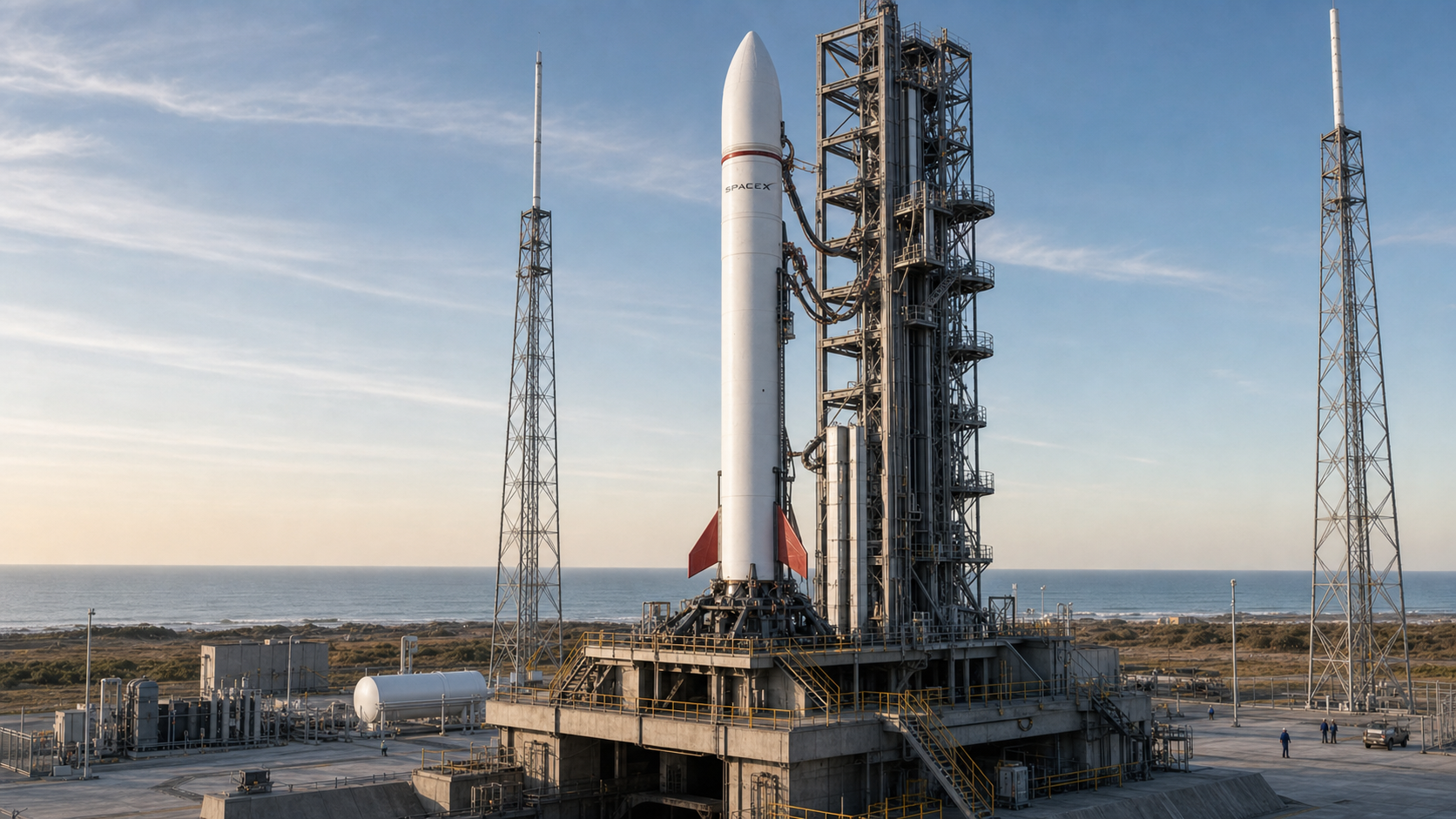 Foguete orbital branco e vermelho de porte real, com marca SpaceX discreta, instalado verticalmente numa plataforma moderna com torre, conexões e contenção.